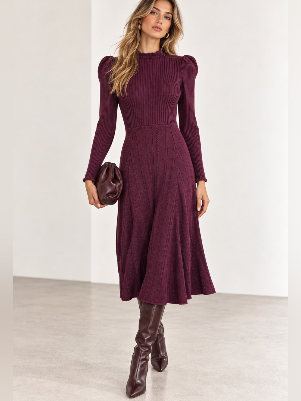 PAMELA LOVE Long Sleeve Knit Midi Dress in Plum